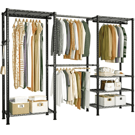 Legooin Heavy Duty Clothes Rack 70.9" H Extendable Garment Rack for Bedroom Laundry Room with Height Adjustable Wire Shelves, 2 Hanging Rods, Black