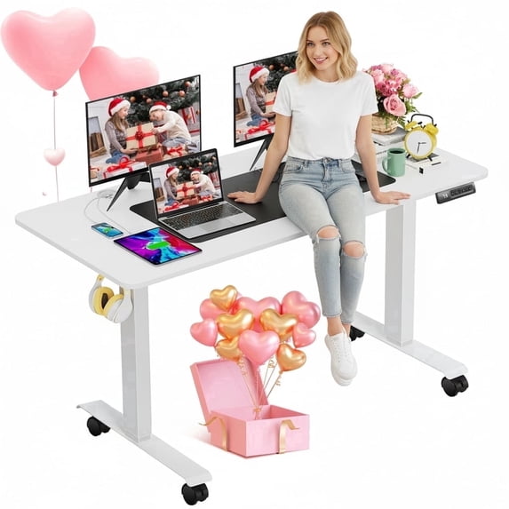 Legooin Electric Standing Desk Gaming Desk with Wheels 63"W x 24"D Height Adjustable 28"-46" Mobile Workstation for Multi Monitors, White