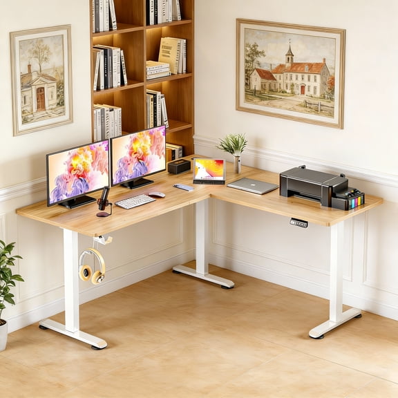 Legooin 63x55 inch L-Shaped Standing Desk Height Adjustable Sit-stand Desk Multi-Monitor Gaming Table Workstation for Home Office Oak