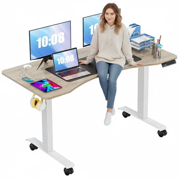 Legooin Ergonomic Curved Desktop Stand-up Desk on Wheels 63x24 Mobile One-Click Workstation, Oak