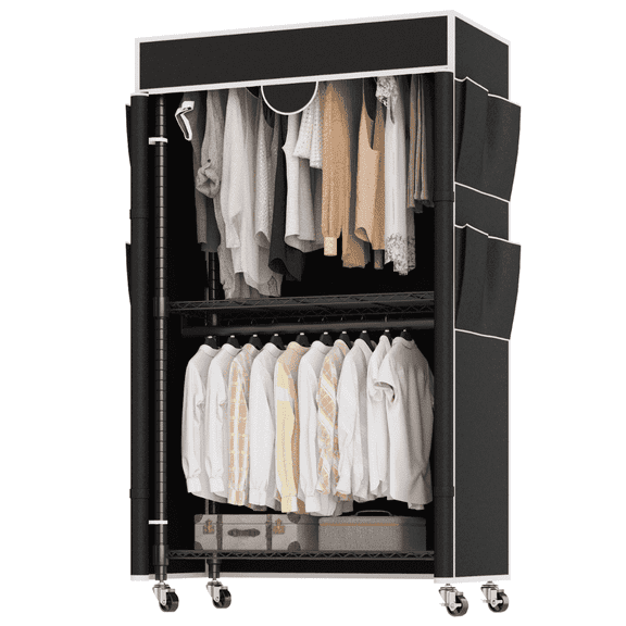 Legooin Heavy Duty Clothes Rack with Black Oxford Fabric Cover, Metal Garment Rack with 2 Hanging Rods, Closet Wardrobe with Wheels Leveling Feet, Black