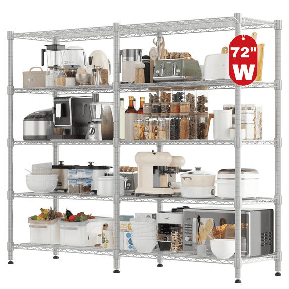 Legooin 5-Tier Extra-Wide Metal Garage Shelving Unit Industrial Rack Height Adjustable Storage Shelf for Pantry Balcony Basement 72"W x 18"D x 72"H, Silver