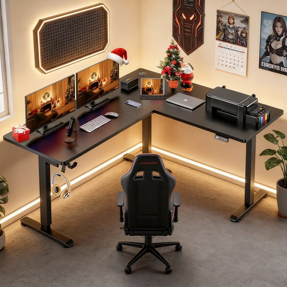 Legooin L-Shaped Ergonomic Sit-Stand Desk 63x55 inch Corner Standing Desk Gaming Table with Height Adjustable for Home Office Black