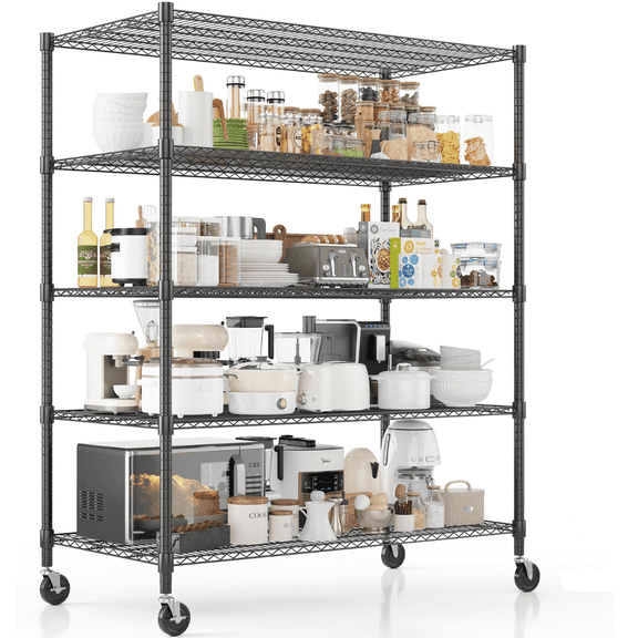 Legooin 5-Tier Heavy Duty Storage Rack with Wheels Industrial Shelving Unit Wire Shelf for Garage Warehouse Pantry, 48"W x 24"D x 82"H, Black