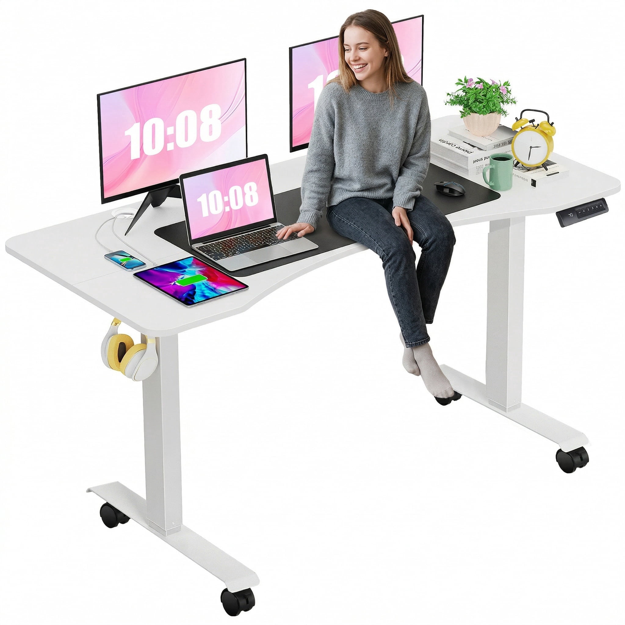Legooin Electric Stand-up Desk Mobile Worstation Standing Desk Computer Table with Headphone Hook Cable Management, for Home Office, White