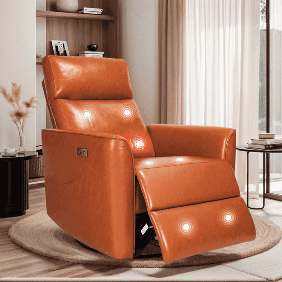Legooin Multi-Function Power Recliner Chair with 8-Point Massage & Heat - 270° Swivel Rocker with USB Charging, Faux Leather Nursery Chair for Baby Adult, Orange Brown