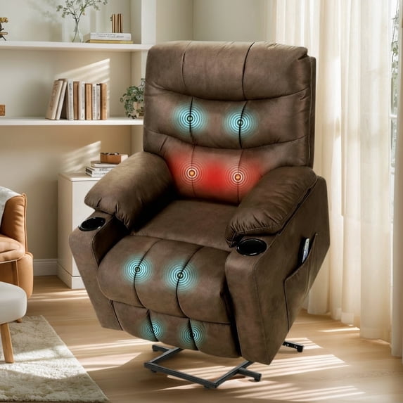 Legooin Power Lift Massage Recliner with Heat and Vibration Massage, Soft Fabric Recliner Chair with Cup Holder, 32"W x 30"D x 41"H, Brown