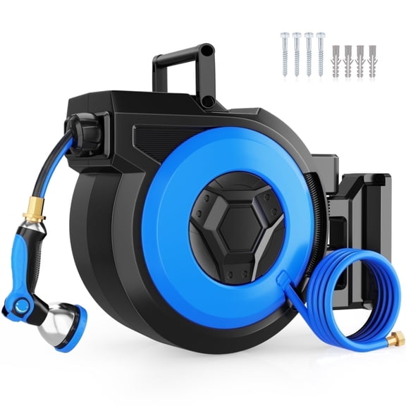 Legooin 82ft x 5/8 in Retractable Hose Reel, Wall Mount Garden Hose Reel for Outdoor Water Hose with 10-Pattern Sprayer Nozzle, Auto Rewind, Length Lock, 180° Swivel