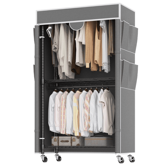 Legooin 35"W x 17"D x 81"H Rolling Clothes Rack with Gray Oxford Fabric Cover, Heavy Duty Garment Rack with Adjustable Wire Shelves, Double Hanging Rods, Black