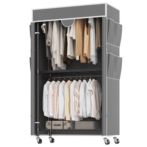 Legooin 35"W x 17"D x 81"H Rolling Clothes Rack with Gray Oxford Fabric Cover, Heavy Duty Garment Rack with Adjustable Wire Shelves, Double Hanging Rods, Black