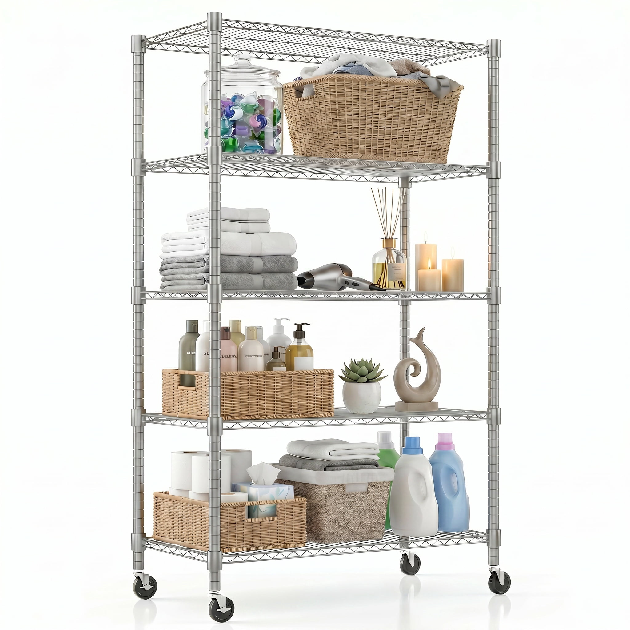 Legooin 18x36x82 inch Metal Wire Shelving Unit 5-Tier Storage Rack with Wheels Utility Shelf for Home Industrial Storage 2000lbs Load Capacity, Silver