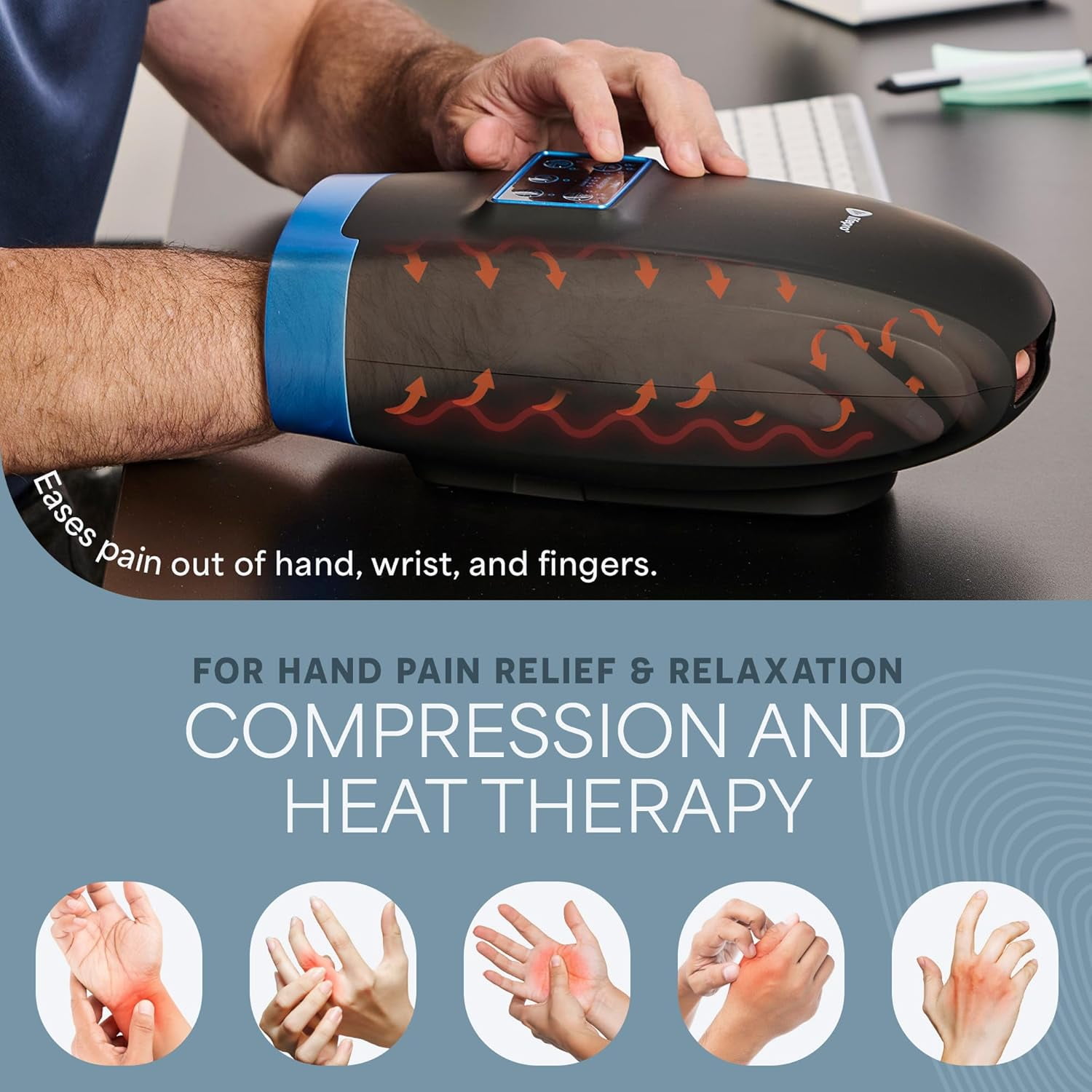 Legra Hand Massager with Heat and Compression - Finger, Wrist, Palm Therapy for Pain Relief