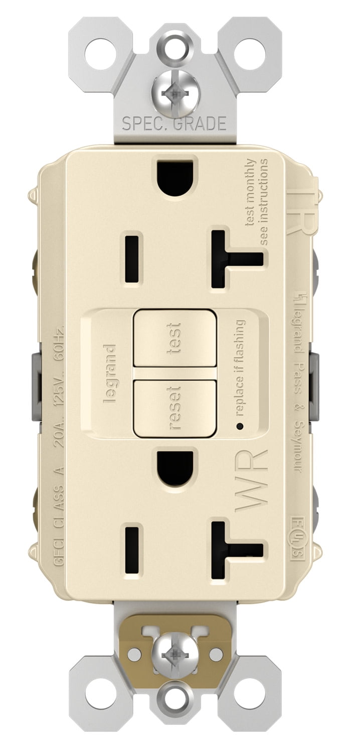 2097TRWRLA 20 amp gfci duplex receptacle self testing with feed thru capacity side and back wired weather resistant tamper proof light almond qty 1/10