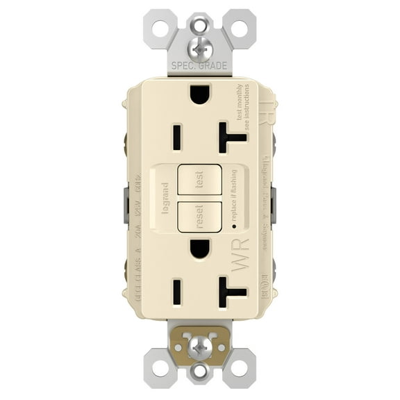 2097TRWRLA 20 amp gfci duplex receptacle self testing with feed thru capacity side and back wired weather resistant tamper proof light almond qty 1/10