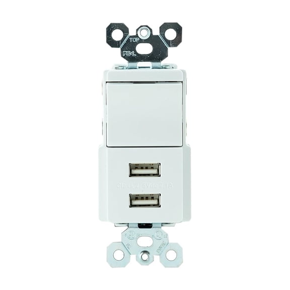 Legrand Pass & Seymour TM83USBWCCV4 15 Amp Combination Decorator Rocker Light Switch and Type A USB Charging Ports, 3-Way, White (1 Count)