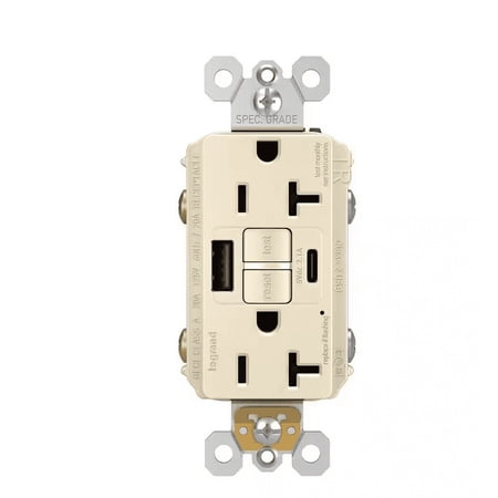 Legrand radiant 20 Amp 125-Volt Tamper Resistant Self-Test GFCI Duplex Outlet with Type A/C USB, Light Almond