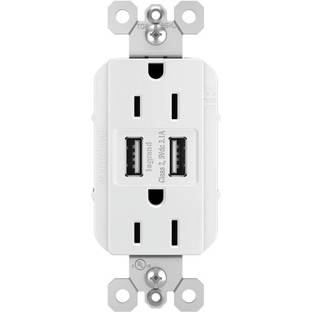 Legrand radiant TM826USBWCCV6 15 Amp Decorator Duplex Tamper Resistant Outlet Receptacle with 3.1A Type A USB Charger, White (1 Count)