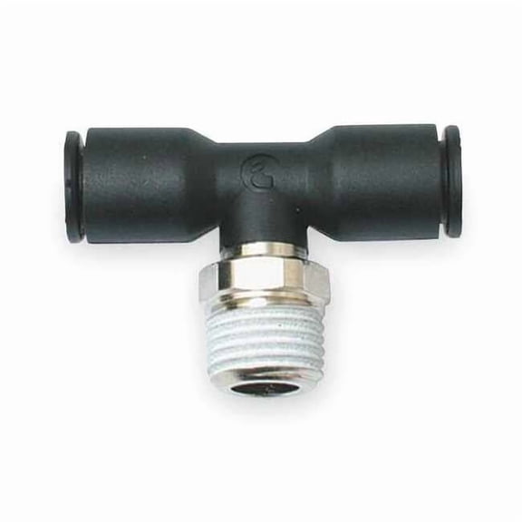 Push-Fit Tee Fitting, 5/16 in or 8mm Tube Size, Fiberglass-Reinforced Nylon, Black, 10 PK