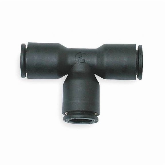 Push-Fit Tee Fitting, 8mm, 5/16 in x 6mm Tube Size, Brass, Fiberglass-Reinforced Nylon, Black