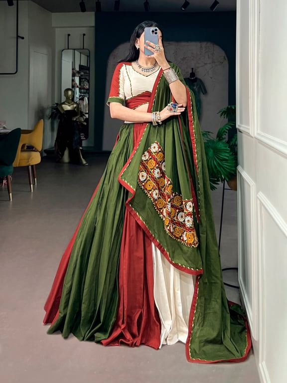 Lehenga Choli for Women Green Red White Indian Wedding Bridal Party Wear Set with Gamthi Gotta Patti Work, 8 Meter Cotton Flair Lehenga & Dupatta - Navratri Festive Wear