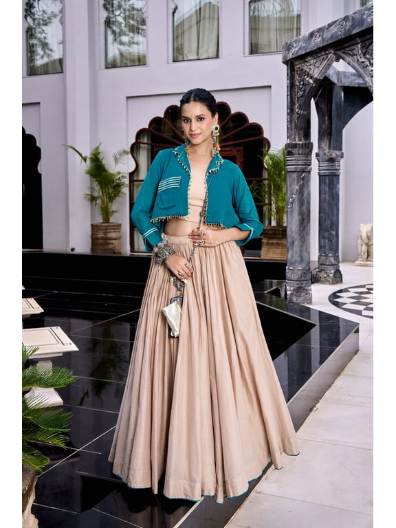 Lehenga Choli for Women Beige & Teal Indian Party Wear Set with Kashida Gamthi Work Jacket Top & Matching Purse, 8 Meter Cotton Flair Lehenga