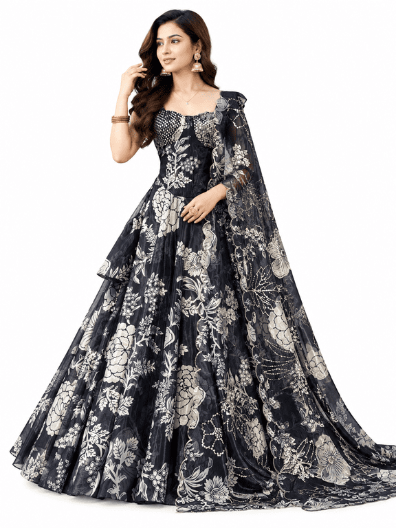 Lehenga Choli for Women Black Floral Digital Print Indian Party Wear Set with Corset Blouse & Batwa, 8 Meter Organza Flair - Wedding Reception Wear
