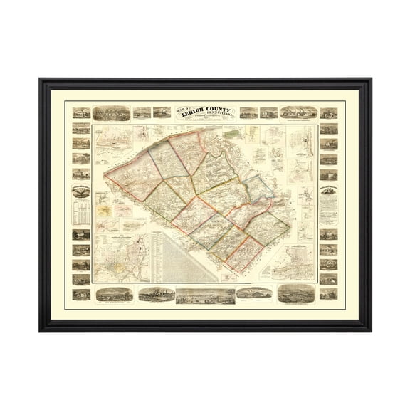 Lehigh County Pennsylvania Art, 1865 Vintage Map of Lehigh County PA History Wall Decor Gift, Old Lehigh County PA Map - 36" x 24" Black Framed Print