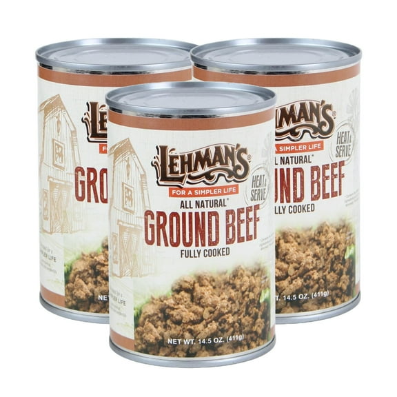 Lehman's All Natural Canned Meat, USA Made Ready to Eat for Everyday, Camping or Emergencies, 14.5 oz each, Pack of 3, Ground Beef