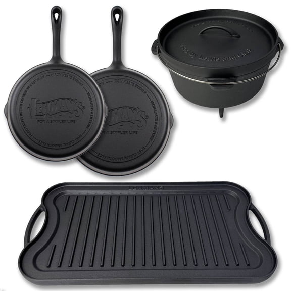 Lehman's Campfire Cooking 4-Piece Set, Nitrided, Dutch Oven, Skillets, and Griddle