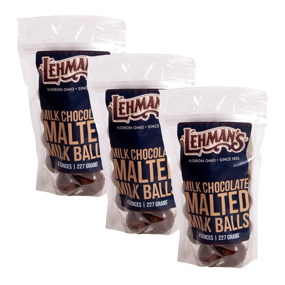 Lehman's Chocolate Malted Milk Balls, Milk Chocolate Coated Candy, 3 Pack of 8 oz Resealable Bags