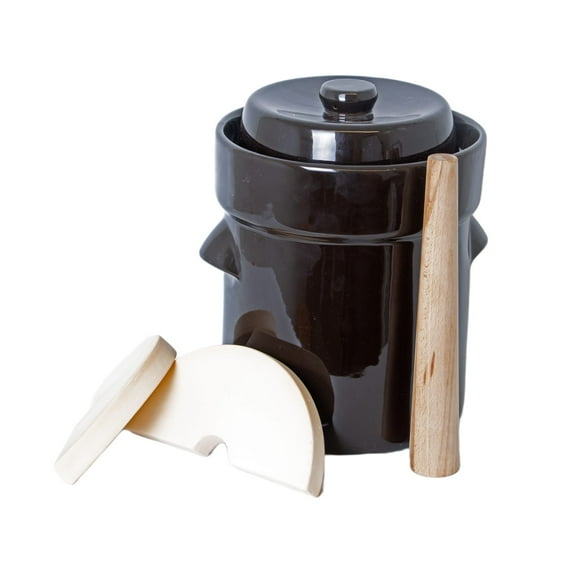 Lehman's European Style Fermentation Crock Set with Wooden Stomper and Fitted Weights, Set to Preserve Sauerkraut Pickles Kimchi and More, 2.6 Gallon