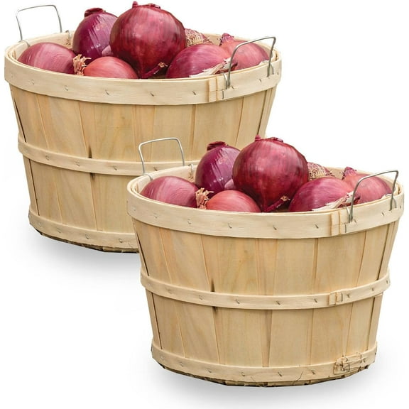 Lehman's Handcrafted Half Bushel Baskets, Vintage Style USA Made Poplar Wood with Wire Handles, 9.5 x 14.75 inches, Set of 2