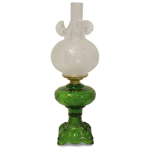 Lehman's Princess Feather Oil Lamp - Historical Design with Glass Lamp, Brass Burner, 12" Chimney, Etched Ball Glass Shade, 22 Inches High, Emerald Green