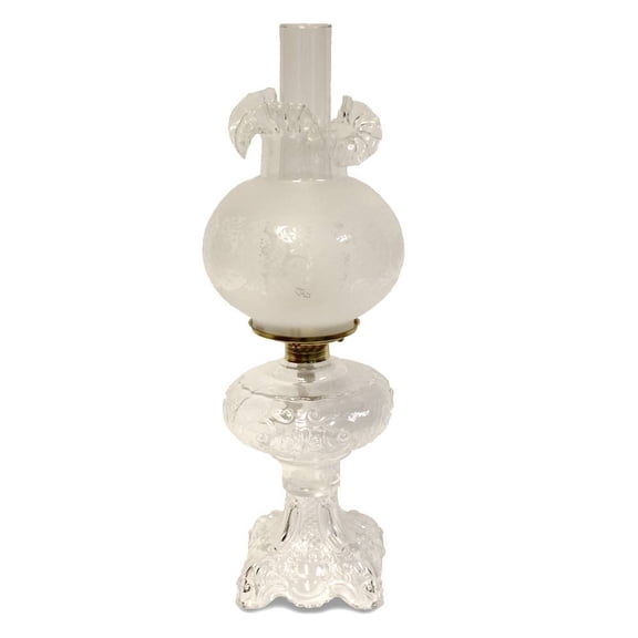 Lehman's Princess Feather Oil Lamp - Historical Design with Glass Lamp, Brass Burner, 12" Chimney, Etched Ball Glass Shade, 22 Inches High, Clear