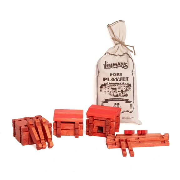 Lehman's Toy Log Fort Playset, Classic American Made Building Set, 70 Interlocking Wooden Pieces in Handy Storage Bag
