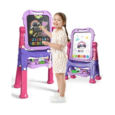 Lehoo Castle Easel for Kids, 4 in 1 Double Sided Kids Art Easel with Magnetic White Board & Chalk Board - Purple