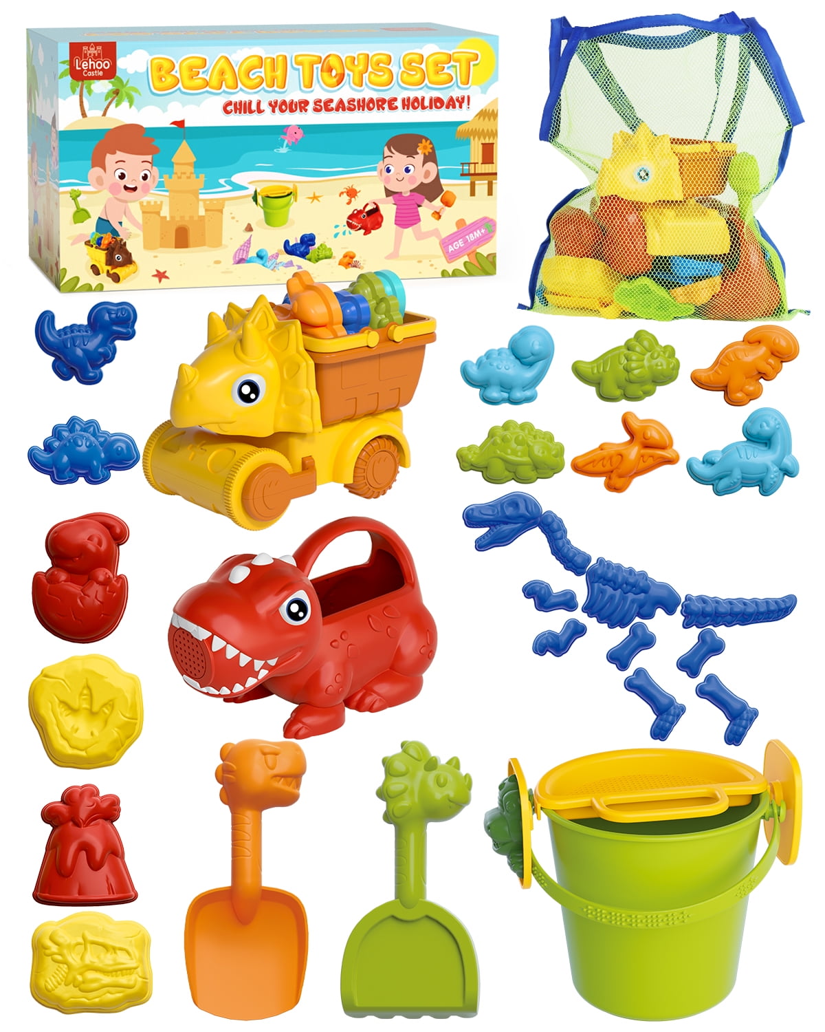 Lehoo Castle Kids Beach Sand Toys Set, 34 Pcs Dinosaur Outdoor Tools with  Sandbox Take Apart Construction Truck, Buckets, Mesh Bag, Watering Can,  Sand Molds for Toddlers, Boys and Girls 