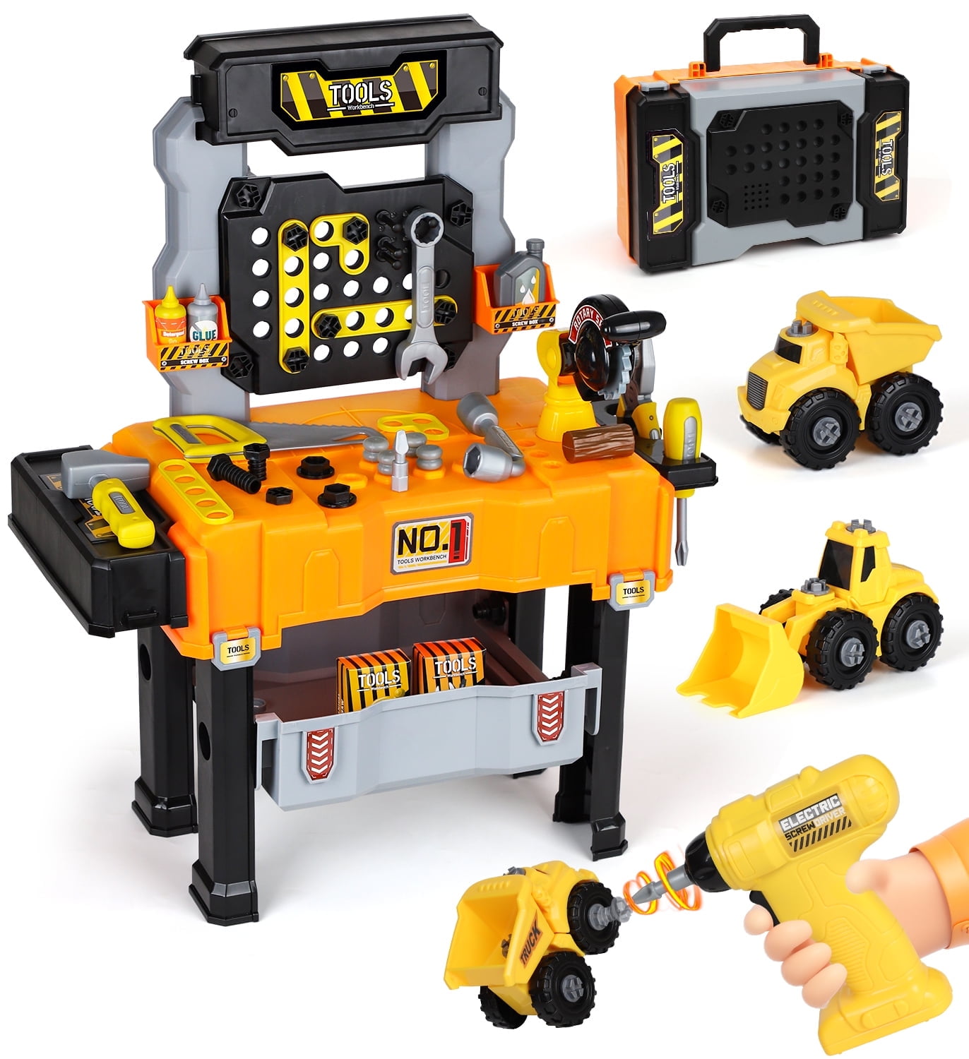 Kids Tool Bench with Construction Vehicle, Realistic Toy Tools Sets with Wrenches, Screwdrivers, Gear Table and Storage, Toddler Tool Bench Learning Gift for Boys Age 2 3 4 5