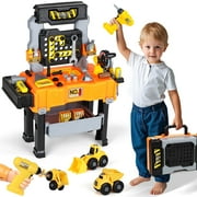 Kids Tool Bench with Construction Vehicle, Realistic Toy Tools Sets with Wrenches, Screwdrivers, Gear Table and Storage, Toddler Tool Bench Learning Gift for Boys Age 2 3 4 5