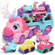 Toddler Girl Toys, 5-in-1 Toy Cars for Girls with Lights & Music, 2 Year Old Girl Toys, Unicorn Toys, Car Carrier Truck Toy, Toys for 1 2 3 Year Old Girls