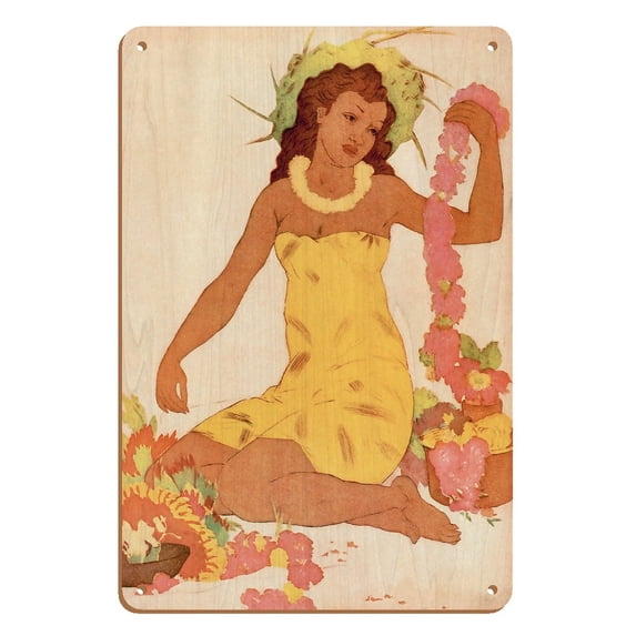 Lei Maker Hawaii - Royal Hawaiian Hotel - Vintage Menu Cover by John Melville Kelly c.1940s - 8 x 12 inch Vintage Wood Art Sign