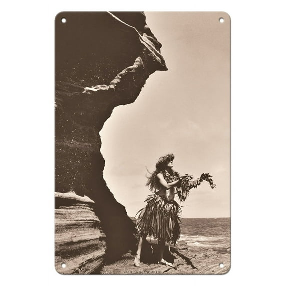 Lei To The Sea - Hawaiian Hula Dancer - Vintage B&W Photograph by Alan Houghton c.1960s - 8 x 12 inch Vintage Metal Tin Sign
