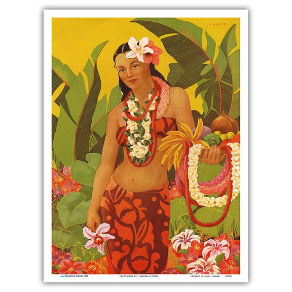 Lei Vendor - Hawaiian Girl Flower Basket - Shangri-La Restaurant - Vintage Menu Cover by J. Maybra c.1950s - Master Art Print (Unframed) 9in x 12in