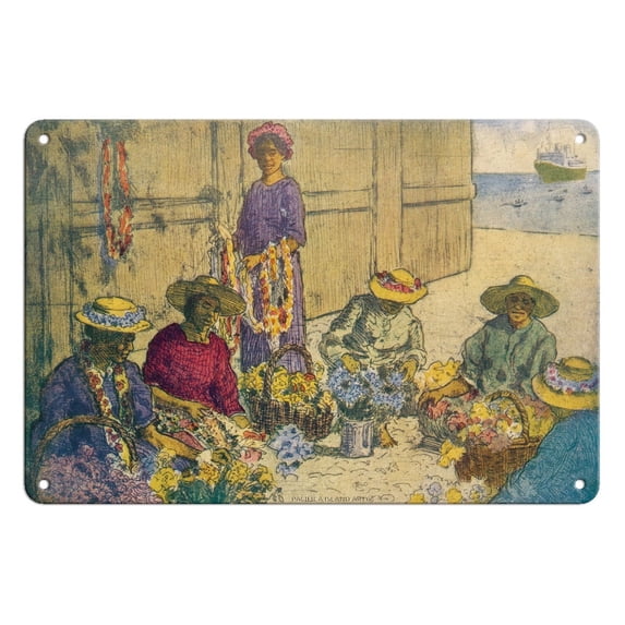 Lei Women on Honolulu’s Waterfront - Lei Day Hawaii - Vintage Hawaiian Illustration by Charles W. Bartlett c.1929 - 8 x 12 inch Vintage Metal Tin Sign