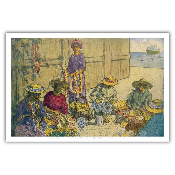 Lei Women on Honolulu’s Waterfront - Lei Day Hawaii - Vintage Hawaiian Illustration by Charles W. Bartlett c.1929 - Master Art Print (Unframed) 12in x 18in