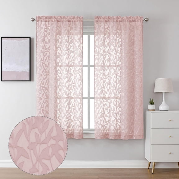 Leia Clip Leaf Pink Sheer Curtains, 2 Panels, Dual Rod Pockets Light Filtering Voile Blush Curtain for Living Room Bedroom, Farmhouse Jacquard Textured Short Drapes