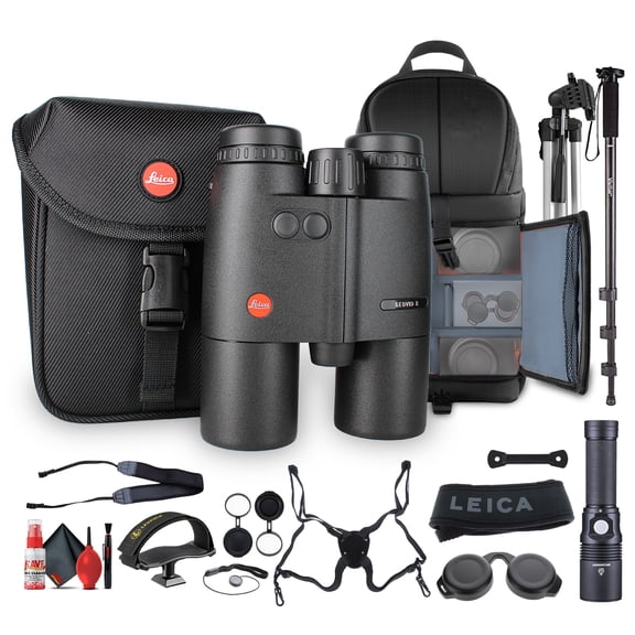 The Leica 10x42 Geovid R Rangefinder Binoculars Bundle Includes: table top tripod, cleaning kit, screen protector, sling backpack, led flashlight, tripod adapter tray, monopod, 72'' tripod + more