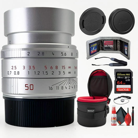 Leica APO-Summicron-M 50mm F/2 ASPH Lens (Silver Anodized) + Sandisk 64GB Extreme Pro Memory Card + 4.5" Padded Case + Memory Card Wallet