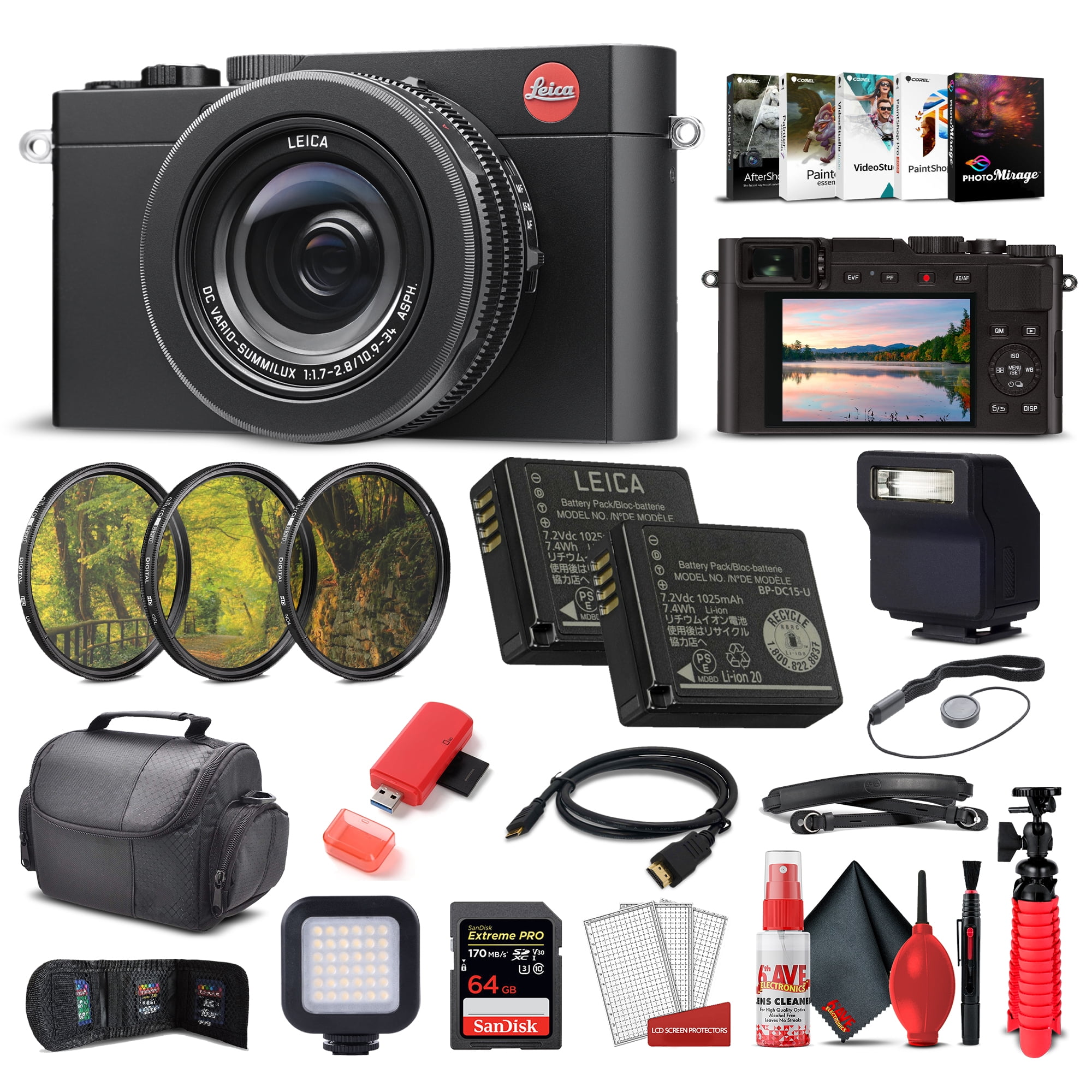 Leica D - Lux 7 Digital Camera (Black) (19141) + 64GB Extreme Pro Card +  Corel Photo Software + Extra Battery + Portable LED Light + Card Reader + 3