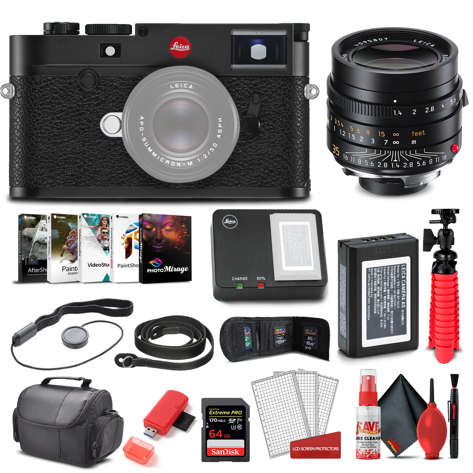 Leica M10 - R Digital Rangefinder Camera (Black Chrome) (20002) + Leica 35mm Lens (11663) + 64GB Extreme Pro Card + Corel Photo Software + Card Reader + Case + Flex Tripod and More - Deluxe Bundle - image 1 of 8